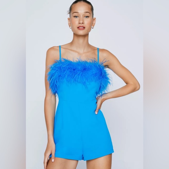NEW Plus Nasty Gal Petite Strappy Feather Trim Romper Women's 6 Blue - Picture 1 of 4
